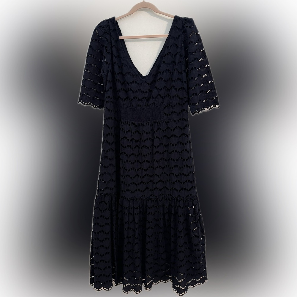 Gretchen Scott Navy Blue Cotton Eyelet Maxi Dress with Sleeves - Size Large - Picture 5 of 9